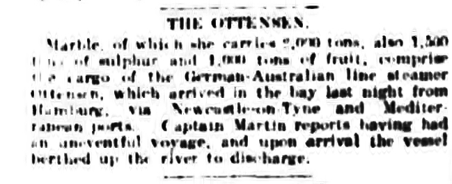 Australische Zeitungsmeldung von Di, 19.11.1907 zur Ankunft der Ottensen